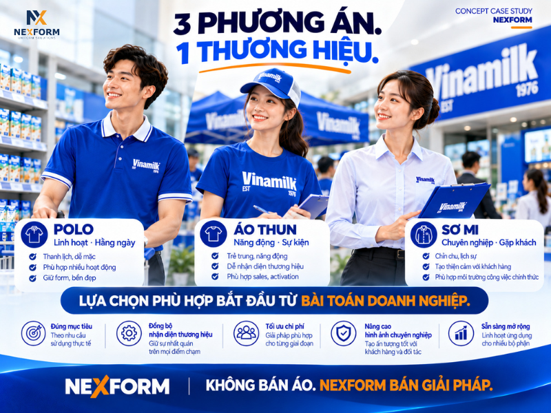 3 phương án đồng phục Vinamilk gồm polo, áo thun và sơ mi do NEXFORM đề xuất