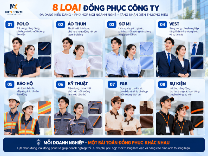 8 loại đồng phục công ty gồm polo, áo thun, sơ mi, vest, bảo hộ, kỹ thuật, F&B và sự kiện