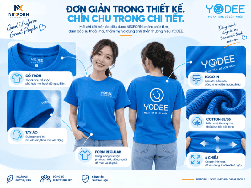 Chi tiết thiết kế áo thun đồng phục YODEE với logo in, cổ tròn và vải Cotton 65/35