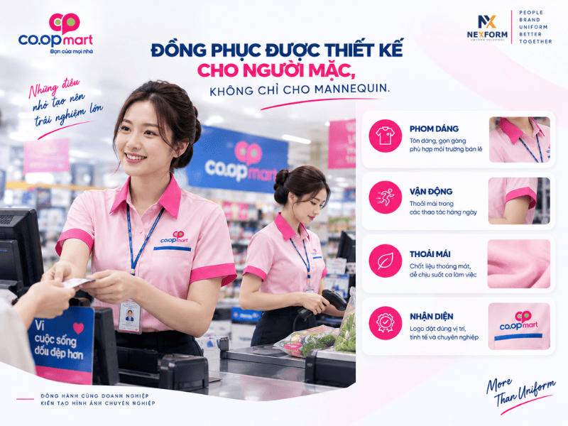 Nhân viên nữ mặc áo sơ mi đồng phục Co.opmart tại quầy thu ngân