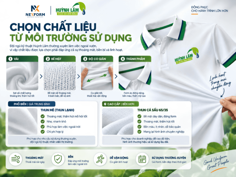 Lựa chọn chất liệu áo polo đồng phục Huỳnh Lâm – thun mè và cá sấu 65/35