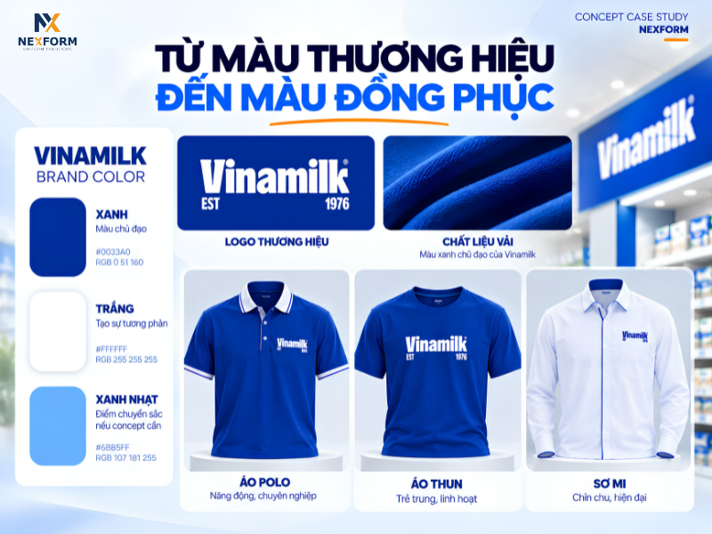 Bảng màu thương hiệu Vinamilk và các concept đồng phục polo, áo thun, sơ mi