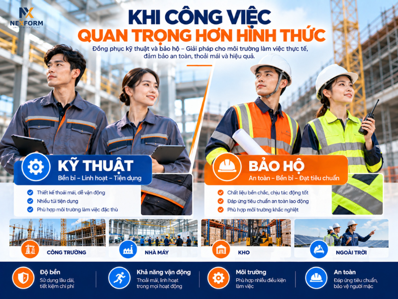 Đồng phục kỹ thuật và bảo hộ lao động cho công trường, nhà máy, kho và môi trường ngoài trời