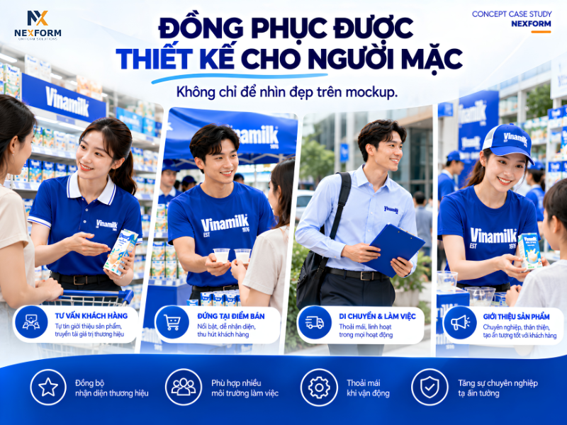 Đồng phục Vinamilk được thiết kế cho nhân viên bán hàng khi tư vấn khách hàng, di chuyển và giới thiệu sản phẩm