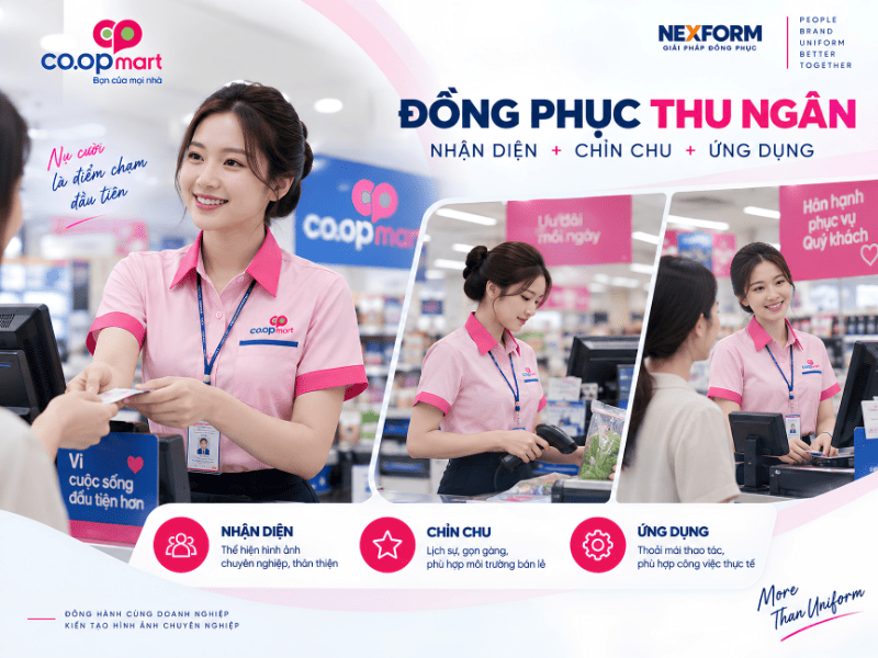 Thiết kế đồng phục thu ngân Co.opmart màu hồng cho nhân viên làm việc tại quầy thanh toán