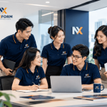 Nhân viên doanh nghiệp mặc đồng phục công ty NEXFORM trong văn phòng hiện đại