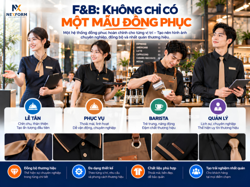 Hệ thống đồng phục F&B gồm lễ tân, phục vụ, barista và quản lý nhà hàng