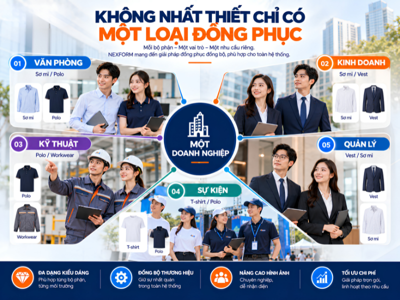 Một doanh nghiệp có nhiều loại đồng phục cho văn phòng, kinh doanh, kỹ thuật, sự kiện và quản lý