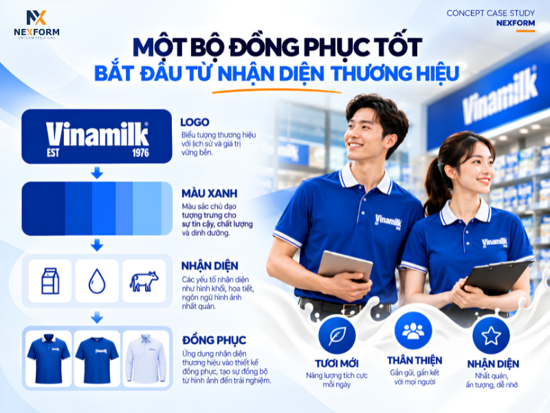 Nhận diện thương hiệu Vinamilk được chuyển hóa thành concept thiết kế đồng phục