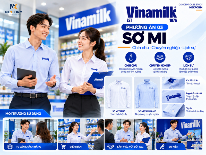 Concept sơ mi đồng phục Vinamilk cho nhân viên bán hàng với phong cách chỉn chu và chuyên nghiệp