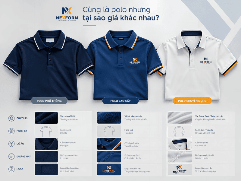 So sánh 3 loại áo polo phổ thông cao cấp chuyên dụng NEXFORM