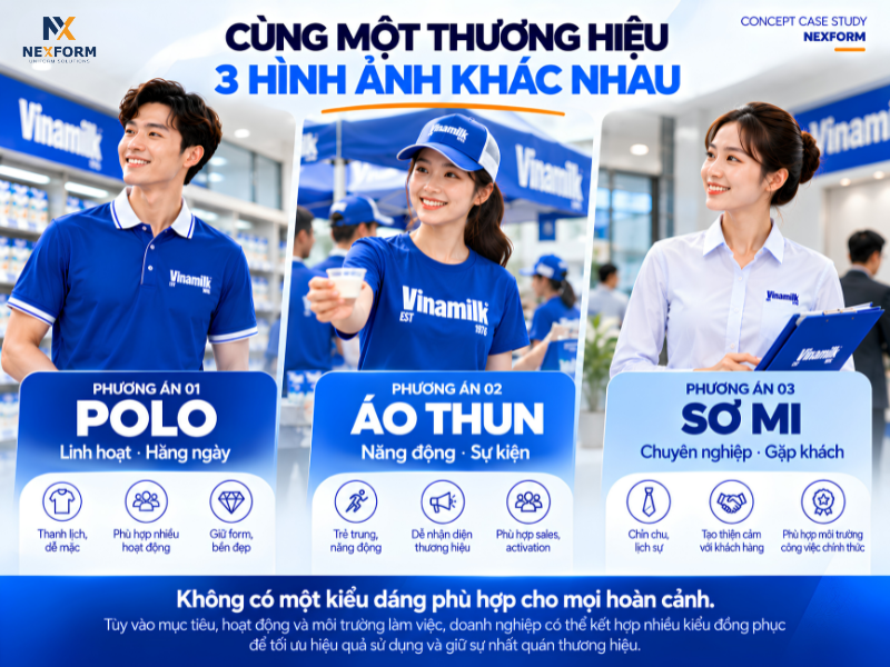 So sánh 3 phương án đồng phục Vinamilk gồm polo, áo thun và sơ mi