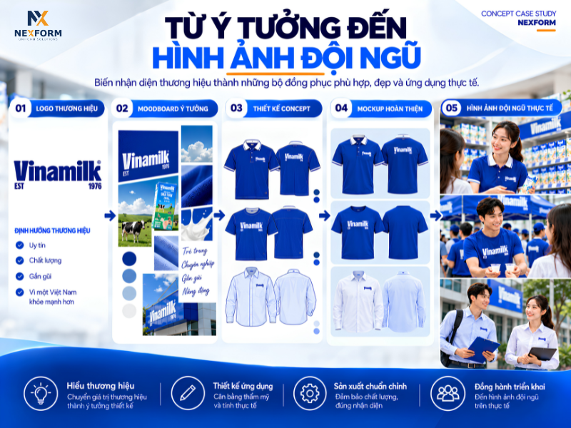 Quy trình thiết kế đồng phục Vinamilk từ logo, moodboard, thiết kế, mockup đến hình ảnh đội ngũ thực tế