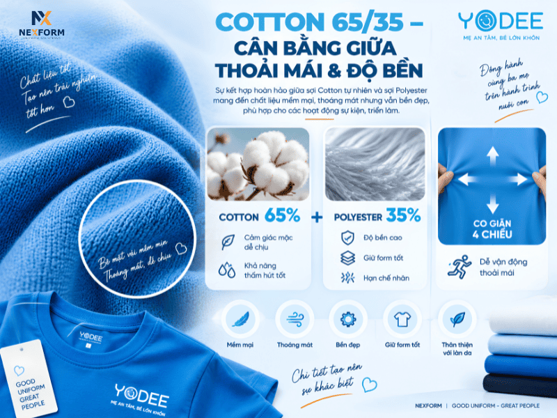 Vải Cotton 65/35 may áo đồng phục YODEE thoáng mát, bền và co giãn 4 chiều