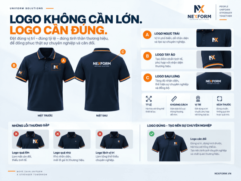 Vị trí và kích thước logo trên đồng phục doanh nghiệp cân đối, chuyên nghiệp