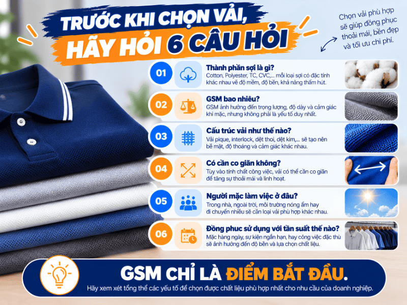 6 câu hỏi cần biết trước khi chọn vải may đồng phục, từ GSM đến thành phần sợi và môi trường sử dụng