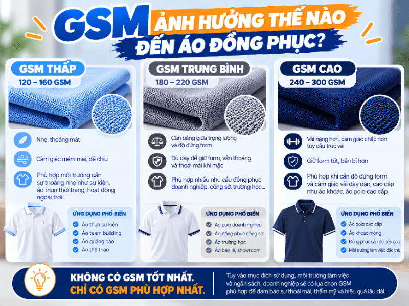 GSM ảnh hưởng thế nào đến áo đồng phục? So sánh GSM thấp, trung bình và cao