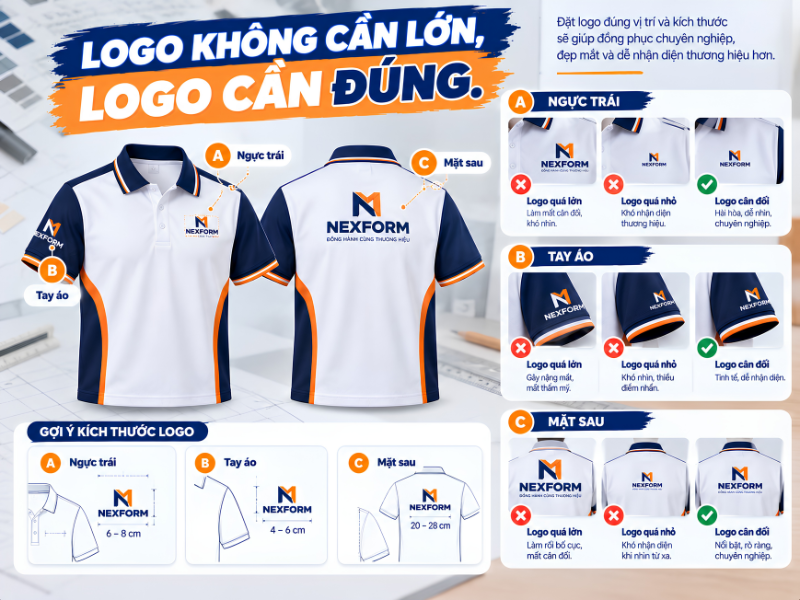 Vị trí và kích thước logo trên áo polo đồng phục tại ngực trái, tay áo và mặt sau