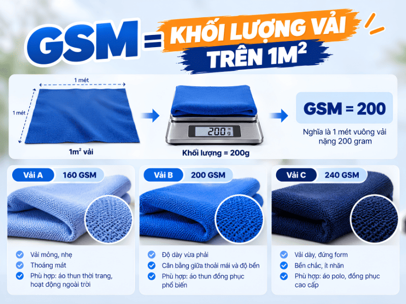 GSM là khối lượng vải trên 1m², minh họa vải 160 GSM, 200 GSM và 240 GSM
