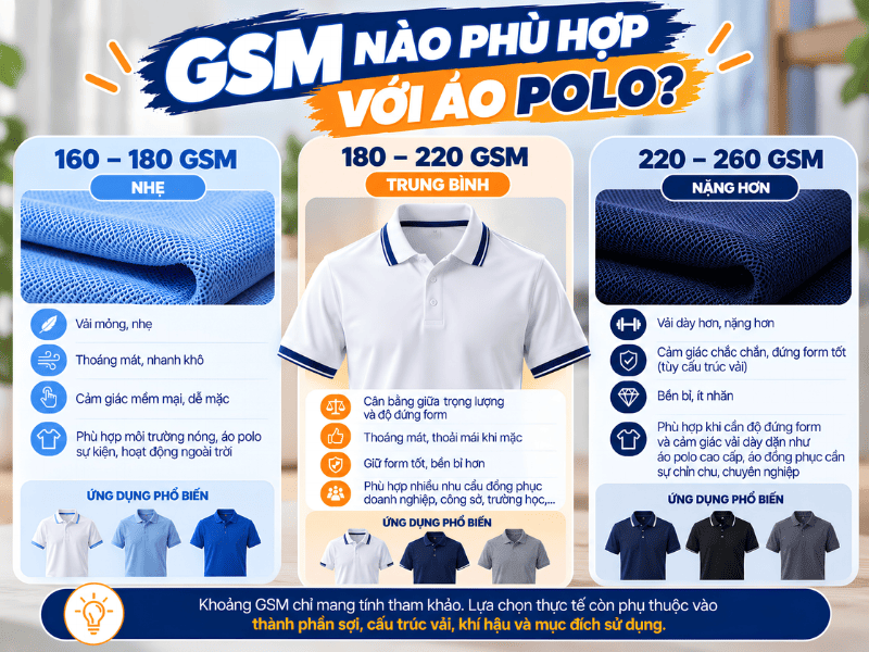GSM nào phù hợp với áo polo? So sánh 160–180, 180–220 và 220–260 GSM