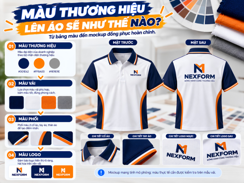 Mockup áo polo đồng phục NEXFORM minh họa màu thương hiệu, màu vải, màu phối và màu logo