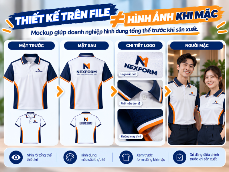 Mockup đồng phục áo polo gồm mặt trước, mặt sau, chi tiết logo và hình ảnh người mặc