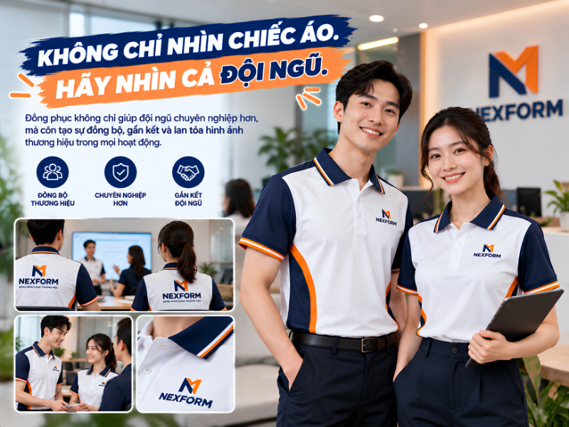 Mockup áo polo đồng phục NEXFORM trên người mẫu nam và nữ trong văn phòng hiện đại