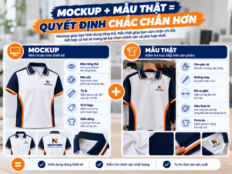 So sánh mockup đồng phục và mẫu áo thực tế về thiết kế, màu sắc, chất liệu, đường may và form áo